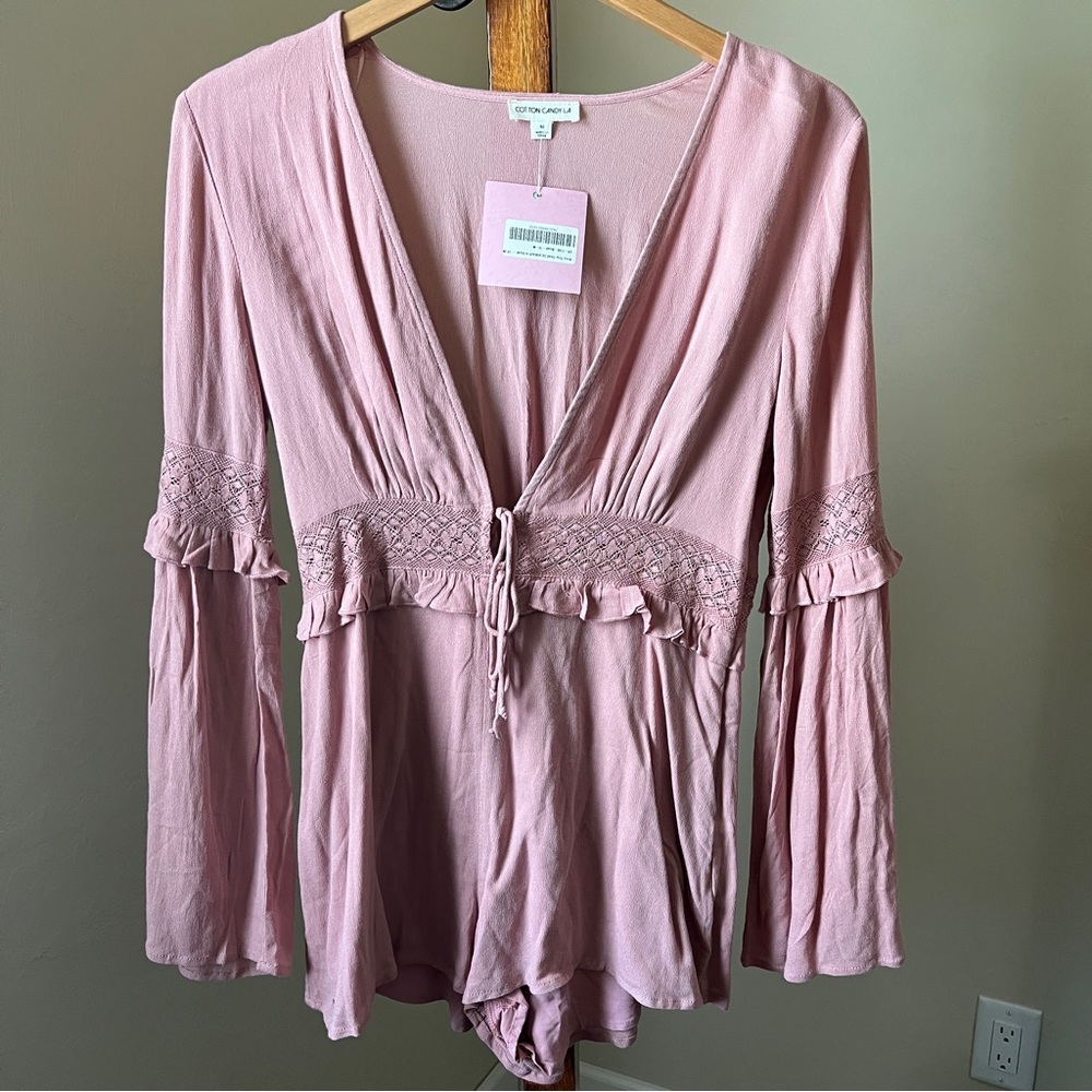 showpo keep your head up playsuit romper long sleeve pink plunge embroidered 10